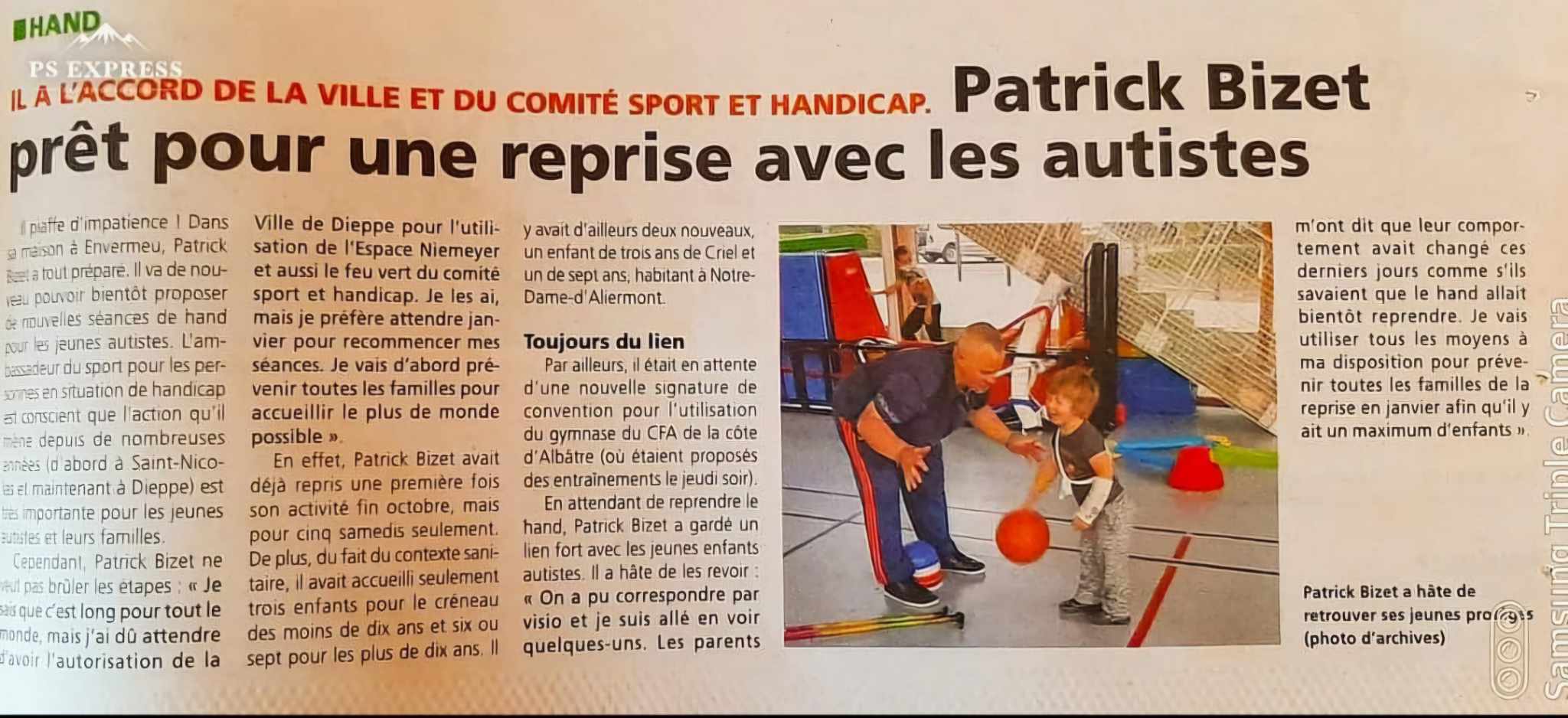 article de presse section sport, hand, qui parle du lancement de SAH76 en faveur du sport adapté pour le public autiste, dys, et troubles cognitifs et mentaux